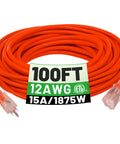 Coiled 100 Ft 12/3 Outdoor Extension Cord Waterproof Heavy Duty With Lighted End, 12 Gauge 3 Prong Power Cable, SJTW Orange ETL Listed