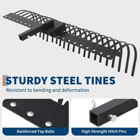 Tow Behind Landscape Rake 60 Inch Dethatcher with 21 Steel Coil Tines reinforced top bolts high-strength hitch pins