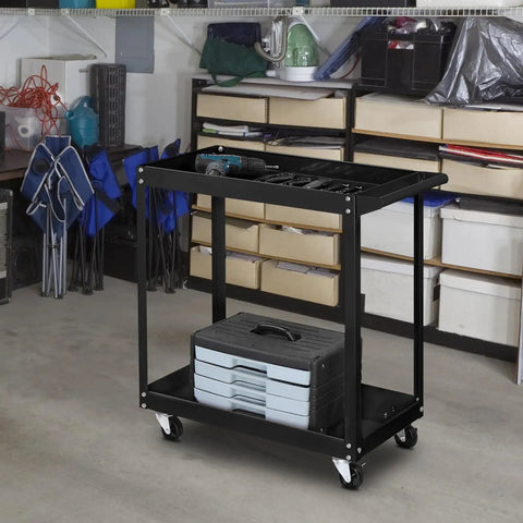 Heavy Duty Two Tier Rolling Tool Cart With Dual Brakes Built Tough Solid Steel Commercial Utility Organizer That Rolls Smooth For Garage And Auto Shop 250 Lb Capacity