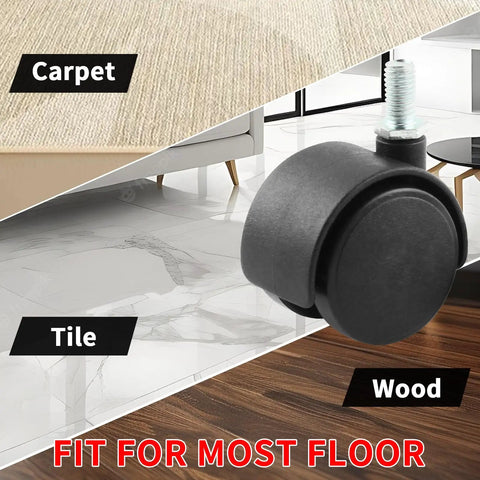 Rock Solid 2 Inch Swivel Caster Wheels 4 Pack Nylon Roller Casters With M8 Threaded Stem on tile, wood, and carpet floors.