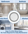 Amaxiu 2Pcs Shower Drain Hair Catcher, 3.54in/5.7in Shower Drain Cover, displayed in multiple room settings including bathroom and kitchen.