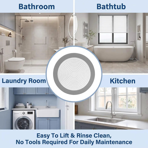 Amaxiu 2Pcs Shower Drain Hair Catcher, 3.54in/5.7in Shower Drain Cover, displayed in multiple room settings including bathroom and kitchen.