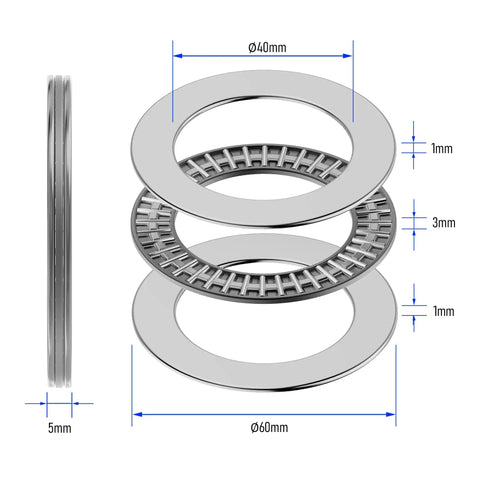 Exploded view of Two Pack AXK4060 2AS Thrust Needle Roller Bearings With Washers, showing 40mm bore, 60mm OD, 5mm thick components.