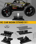 RC Tool Kit With Stand And 26 Piece Repair Set for 1/8 to 1/18 scale cars shown with adjustable stand showcasing dimensions.