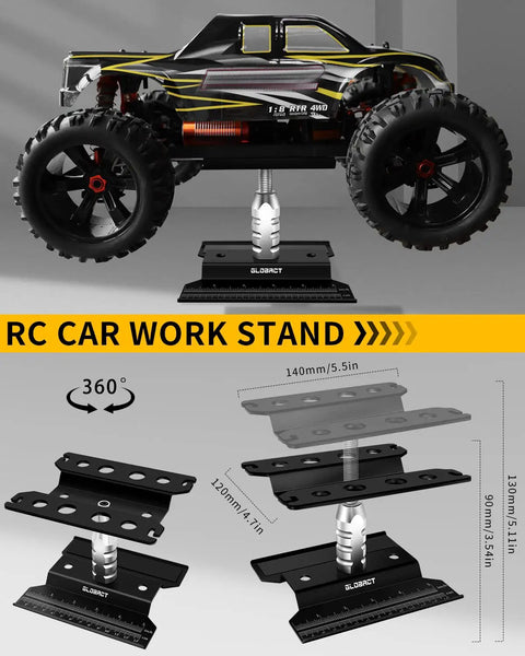 RC Tool Kit With Stand And 26 Piece Repair Set for 1/8 to 1/18 scale cars shown with adjustable stand showcasing dimensions.