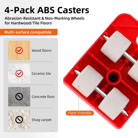 HQO LOVL Furniture Glider Kit with Four Carbon Steel Slides for Sofa Fridge Moving - Close-up of 4-Pack ABS Casters for floor compatibility.