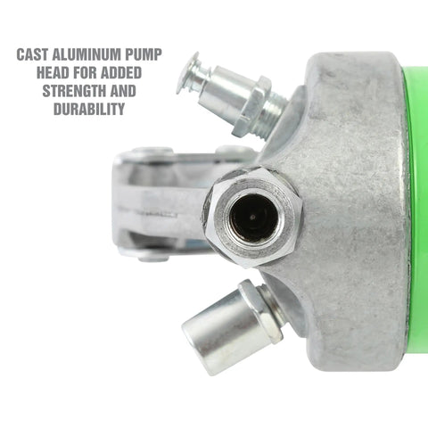 Close-up of Beefy Pistol Grip Grease Gun Kit With 18 Inch Hose And Coupler showing cast aluminum pump head.
