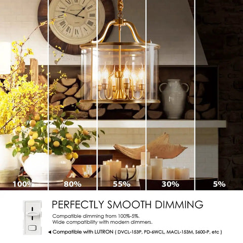 Flame Tip LED Filament Candle Bulbs 4.5W Dimmable E26 Base Ideal For Candelabra And Chandelier Lamps 60W Equivalent B11 Size Warm White 2700K Energy Saving Soft Glow Six Pack Super Easy Install image showing dimming functionality in a cozy setting.