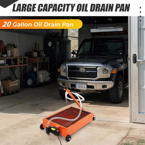 Heavy Duty Low Profile Oil Drain Pan Cart 15 Gallon Capacity With 180 Watt Electric Pump And 8 Foot Hose in a garage.