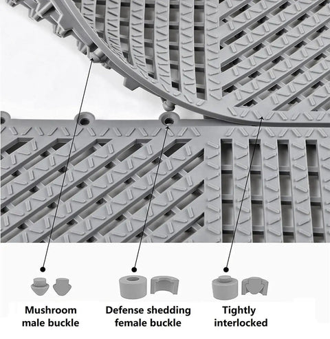 Gray interlocking drainage floor tiles with mushroom male buckle, defense shedding female buckle, tightly interlocked for no-slip use.
