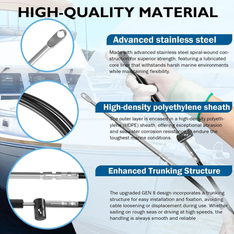 Close-up of Gen2 2-Pack Boat Throttle And Shift Cables showing advanced stainless steel and enhanced trunking structure features.