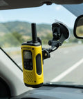 Go-To Suction Cup Car Mount For Two-Way Radios holding a yellow radio on car windshield with flexible arm and quick-lock