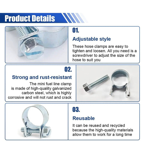 Product details of 30 Piece Fuel Line Hose Clamp Set With 1/4 In 5/16 In And 3/8 In Stainless Steel Adjustable Clamps For Automotive Diesel And Petrol Pipes DIY Friendly Pro Grade Heavy Duty Construction For Long Lasting Performance, showing adjustable style.