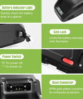 Detailed view of the 48V 20Ah Ebike Battery With CAN Protocol And 30A BMS For 0 To 1500W Motors, featuring indicator light and connectors