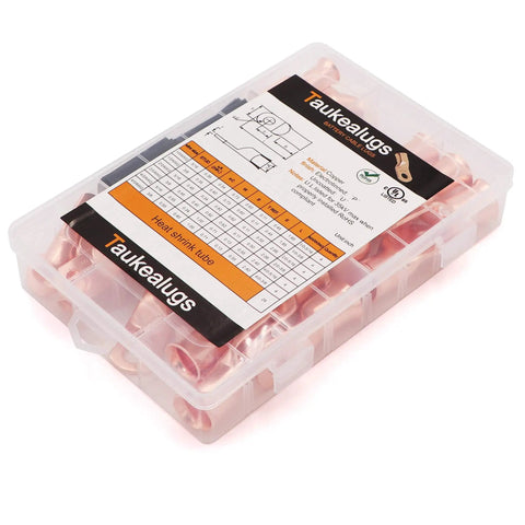All Purpose Copper Battery Cable Lug Kit For 1/0 To 4/0 Gauge Wire Ends With 5/16 And 3/8 Crimp Ring Terminals And Heat Shrink Tubing 48 Pcs DIY Auto Electrical Wiring Assortment in a plastic case