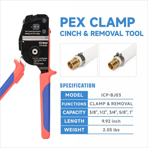 Pex Clamp Tool For Cinching And Removing Three Eighths Inch, One Half Inch, Three Quarters Inch, And One Inch Clamp Rings