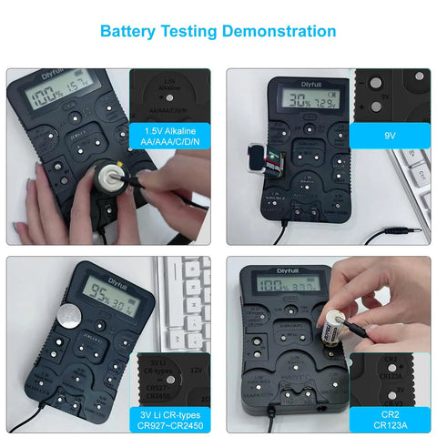 Battery Health Tester For AA AAA C D 9V And More Universal Battery Checker For 12 Types Of Batteries Household Batteries Status Readout Easy To Use Includes Welcome Guide And Lifetime Customer Support. 9V and CR123A battery testing demo