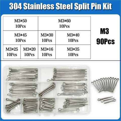 All Purpose Cotter Pin Set Kit 304 Stainless Steel U And R Shape Split Pins For Cars And Trucks Auto Repair Assorted Sizes Rust Resistant Dowel Roll Pins M3 Size Tension Clip Fasteners in a compartmentalized box with visible M3 dimension labels
