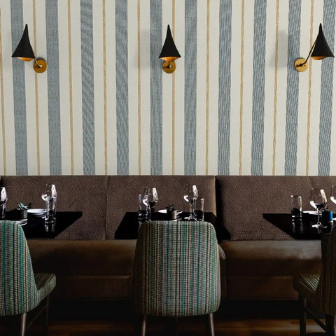 Custom Printed Leather Textured Vinyl Wallpaper Top Notch Heavy Duty Wallcovering in restaurant setting with striped design.