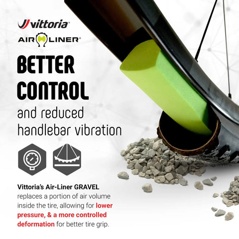 Air-Liner Gravel Insert For Tubeless-Ready Bike Tires shown inside bike wheel with gravel, enhancing control and vibration reduction.