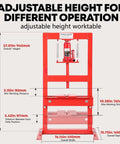 Hefty 6 Ton Hydraulic Shop Press H Frame Benchtop Heavy Duty Bearing Tool For Garage, Ball Joint Repair And Precision Bushing Install Made Tough For Any Pro Or DIY Guy. Adjustable red steel press dimensions