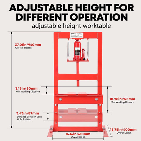 Hefty 6 Ton Hydraulic Shop Press H Frame Benchtop Heavy Duty Bearing Tool For Garage, Ball Joint Repair And Precision Bushing Install Made Tough For Any Pro Or DIY Guy. Adjustable red steel press dimensions