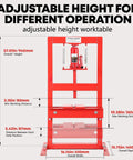 Badass Heavy Duty H Frame Hydraulic Shop Press With Killer 6 Ton Capacity Adjustable Bed Stamping Plates Safety Relief Valve Built Tight For Garage Auto Repair And Bearing Installation with adjustable height specifications.