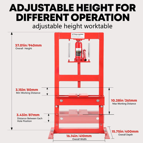 Badass Heavy Duty H Frame Hydraulic Shop Press With Killer 6 Ton Capacity Adjustable Bed Stamping Plates Safety Relief Valve Built Tight For Garage Auto Repair And Bearing Installation with adjustable height specifications.