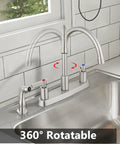 Two Handle High Arc Kitchen Faucet With Side Sprayer In Slick Brushed Nickel Finish offering a 360 swivel spout and easy turn handles.