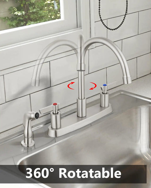 Two Handle High Arc Kitchen Faucet With Side Sprayer In Slick Brushed Nickel Finish offering a 360 swivel spout and easy turn handles.