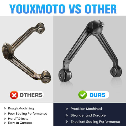 Front upper control arm with ball joint for 2WD Dodge Ram 1500; pair shows worn rusty vs new machined arm