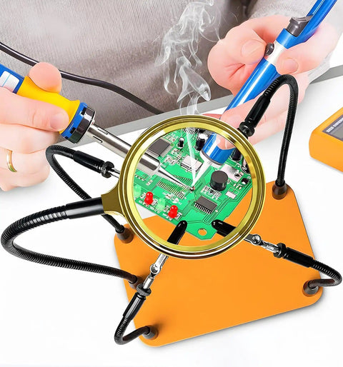 Helping Hands Soldering Station With 5X Magnifying Glass And 4 Flexible Arms Third Hand Soldering Tool in use on PCB