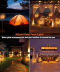 Solar Flame Torch Lights 43 Inch Outdoor Dancing Flames 96 LED Solar Powered Waterproof Pathway And Patio Garden Decor Flickering Firelight Torches For Yard 4 Pack illuminating various settings including a tent, gazebo, pathway, and snowy garden.