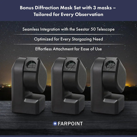 Pro Bahtinov Focusing Mask Kit With Front Holder For ZWO Seestar 50 Telescope display showing three masks attachment