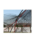 Close-up of netting and frame of Xtender 54 Foot Batting Cage for Backyard Baseball Practice with heavy duty steel frame and fiberglass poles.