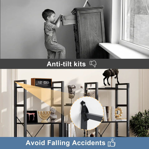 Triple Column 4 Tier Bookshelf with Adjustable Shelves secured to wall, preventing child accidents, black industrial bookcase