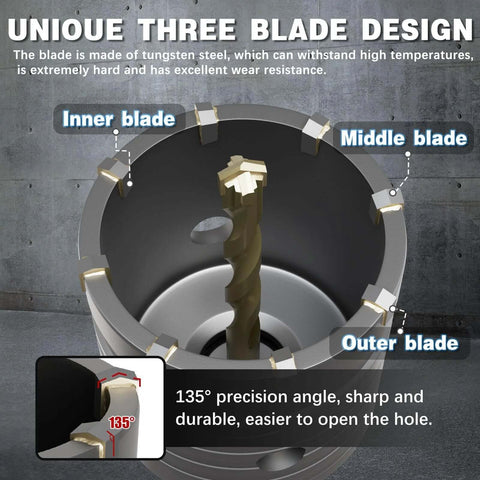 Cross-section view of METOTY concrete hole saw showing inner, middle, and outer blades; silver alloy steel.