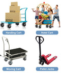 Collage of four carts and pallet jacks: blue handling cart, hotel cart, silver moving cart, red pallet jack