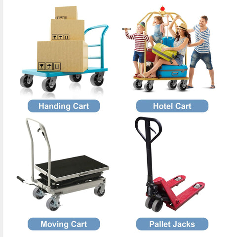 Collage of four carts and pallet jacks: blue handling cart, hotel cart, silver moving cart, red pallet jack