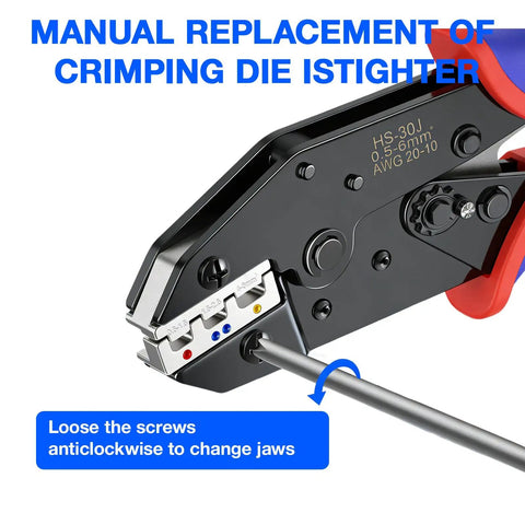 Close-up of Ratcheting Wire Crimping Tool Set With 6 Replaceable Dies showing manual die replacement instructions.