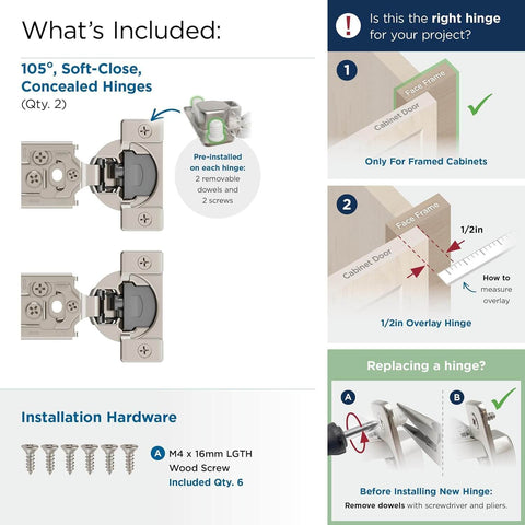 Soft Close Concealed Hinge Set For Face Frame Cabinets Half Inch Overlay 105 Degree Opening 3 Way Adjustable Durable Compact Hardware 2 Pack By Amerock shown with installation instructions and screws.