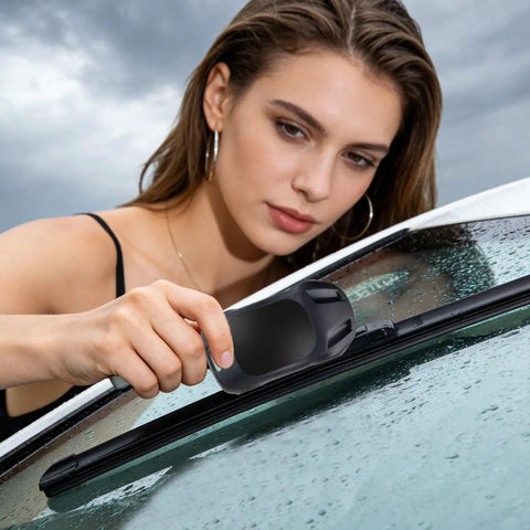 Windshield Wiper Repair Tool Quick Fix Automotive Restorer For Cars Slick Squeegee Edge Refresher used by a woman on a wet car windshield.