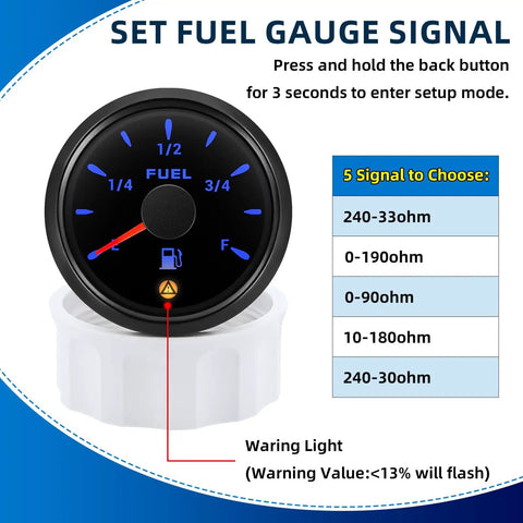 Seven Color LED Fuel Gauge For Boats Cars And Trucks With Marine Grade Fuel Tank Level Indicator And Low Warning Auto Gauge Easy Read For Any Vehicle Wide Ohm Range Sensor Precise Fuel Level Monitoring displayed with settings options and warning light