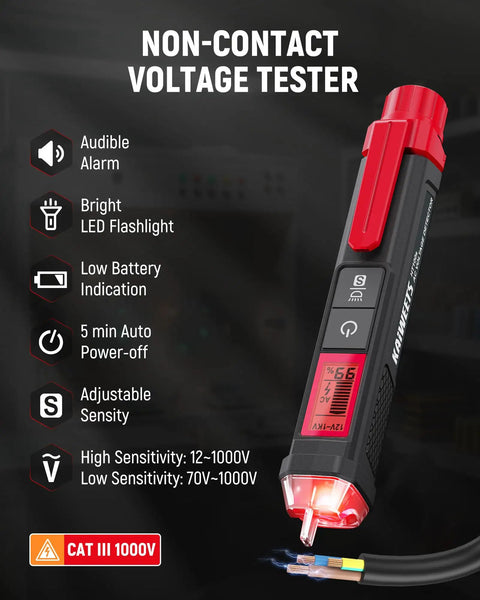 Non-contact voltage tester with display and features from All In One Electrical Test Kit With Digital Multimeter Non Contact Voltage Tester And GFCI Outlet Tester LCD Display And Carrying Case For Electricians DIYers And HVAC Pros.