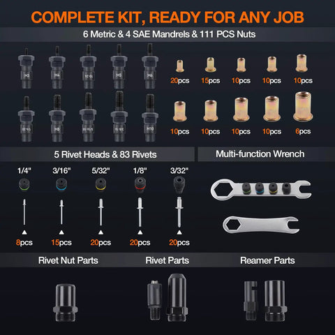 Image of Three In One Rivet Nut Tool Kit With Hand Rivet Gun And Reamer Includes 6 Metric And 4 SAE Mandrels 5 Rivet Heads 111 Rivet Nuts And 83 Rivets Carrying Case Your Everyday Go To Riveter For Car Home And DIY Projects showing components.