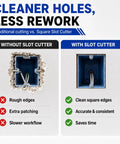 Comparison of drywall openings showing benefits of using Two Pack Upgrade Pro Grade Drywall Outlet Cutter Set Fast Square and Rectangle Slot Cutters Outlet Boxes Clean Openings in Seconds Reducing Measuring Tracing Drilling Hand Saw Trim.