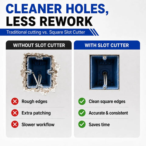 Comparison of drywall openings showing benefits of using Two Pack Upgrade Pro Grade Drywall Outlet Cutter Set Fast Square and Rectangle Slot Cutters Outlet Boxes Clean Openings in Seconds Reducing Measuring Tracing Drilling Hand Saw Trim.