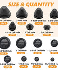 Double Sided Rubber Grommet Kit with various size round and tower shaped plugs for wire protection, including drill hole sizes.
