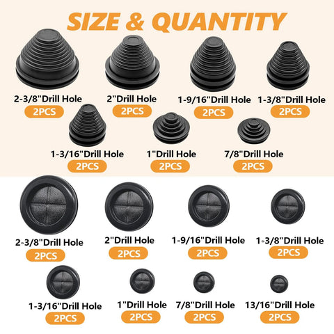 Double Sided Rubber Grommet Kit with various size round and tower shaped plugs for wire protection, including drill hole sizes.
