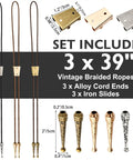 DIY Bolo Tie Making Kit With 3 Braided Leather Cords, 6 Alloy Cord Ends, 3 Iron Bolo Tie Slides, And 3 Classic Color Cords In Black, Gold, And Antique Copper For Crafting Custom Fits From Formal To Casual, 3 cords and metal ends